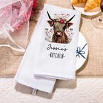 Personalised Floral Highland Cow 100% Cotton Quick Drying Waffle Tea Towel with Name Kitchen Decor Housewarming Gift for Highland Cow Lovers