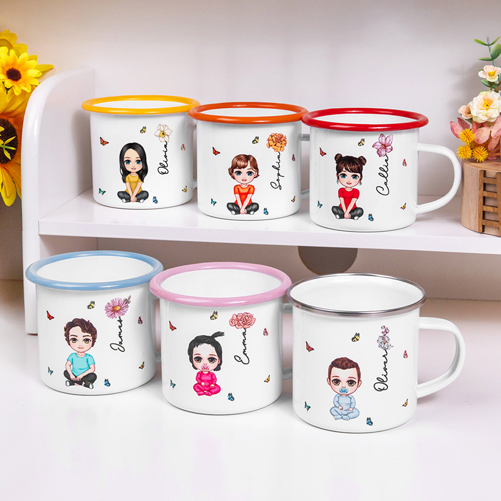 Tasse en Émail 350ml Personnalisée avec Personnage Dessiné Nom et Fleur de Naissance Cadeau Anniversaire Rentée Scolaire pour Enfant