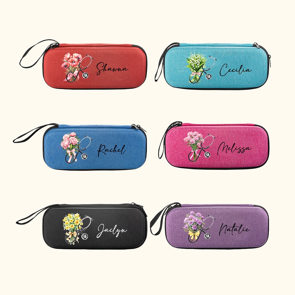 Custodia per stetoscopio personalizzata con bouquet di fiori di nascita, tasche a rete e nome Regalo di apprezzamento per infermieri, medici e persona