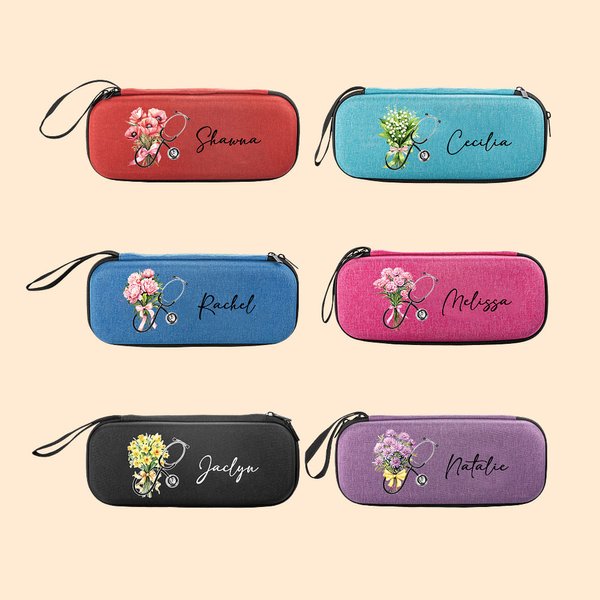 Custodia per stetoscopio personalizzata con bouquet di fiori di nascita, tasche a rete e nome Regalo di apprezzamento per infermieri, medici e persona