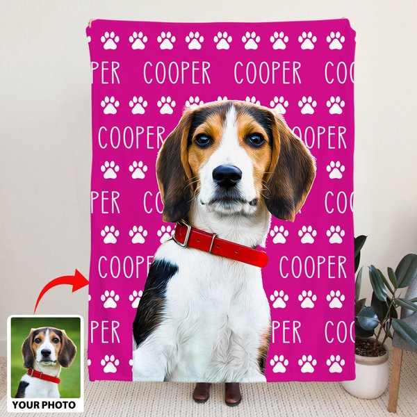 Personalized Oil Painting Dog Cat Photo Paw Print Soft Throw Blanket with Repeating Names Multicolor Home Decor Birthday Gift for Pet Lovers