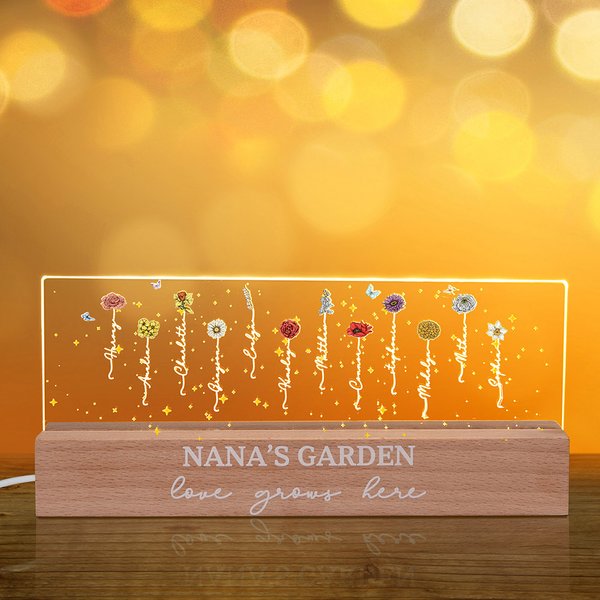 Personalized 1-12 Birth Flower Garden Acrylic LED Night Light with Wooden Base Home Decor Mother's Day Birthday Gift for Grandma Mom