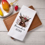 Personalised Floral Highland Cow 100% Cotton Quick Drying Waffle Tea Towel with Name Kitchen Decor Housewarming Gift for Highland Cow Lovers