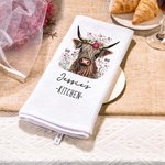 Personalised Floral Highland Cow 100% Cotton Quick Drying Waffle Tea Towel with Name Kitchen Decor Housewarming Gift for Highland Cow Lovers