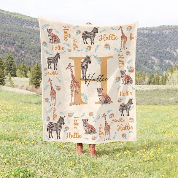 Personalized Cute Jungle Animal Soft Throw Blanket with Name Baby Shower Christmas Gift for Boys Girls