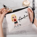 Personalized Cartoon Retro Fashion Girl Linen Wristlet Makeup Bag with Name Birthday Party Friendship Gift for Women