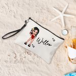 Personalized Cartoon Retro Fashion Girl Linen Wristlet Makeup Bag with Name Birthday Party Friendship Gift for Women