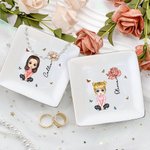 Personalized Ceramic Cartoon Character Birth Flower Square Trinket Jewelry Dish with Name Wedding Engagement Gift for Women
