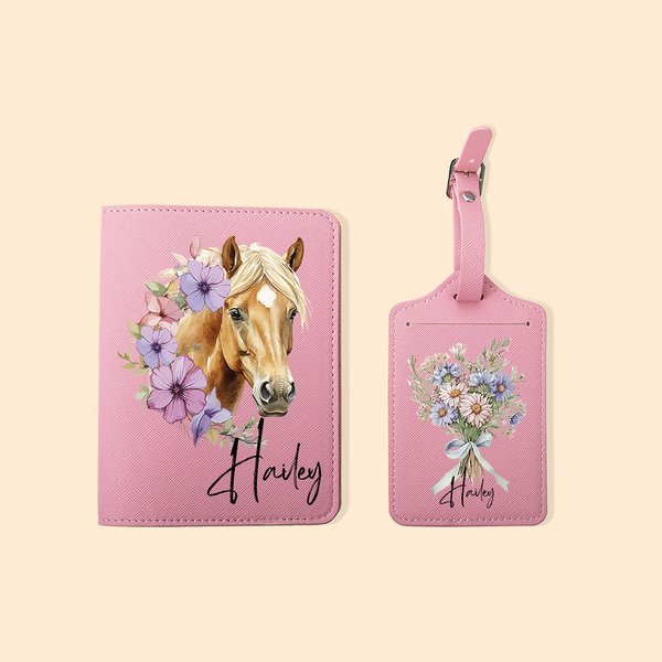 Personalisierte Geburt Blume Pferd Gesicht Kennzeichnung Leder Passport Halter Gepäckanhänger Set mit Namen Reisezubehör Geburtstagsgeschenk für Pferd