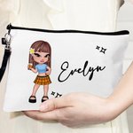 Personalized Cartoon Retro Fashion Girl Linen Wristlet Makeup Bag with Name Birthday Party Friendship Gift for Women