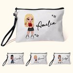 Personalized Cartoon Retro Fashion Girl Linen Wristlet Makeup Bag with Name Birthday Party Friendship Gift for Women