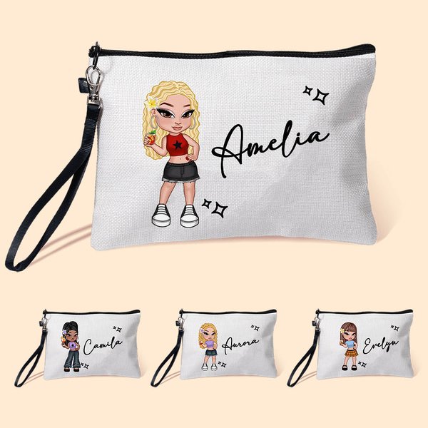 Personalizado de dibujos animados Retro Moda Chica Lino Wristlet Bolsa de Maquillaje con Nombre Fiesta de Cumpleaños Regalo de la Amistad para las Muj