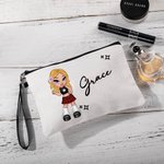 Personalized Cartoon Retro Fashion Girl Linen Wristlet Makeup Bag with Name Birthday Party Friendship Gift for Women