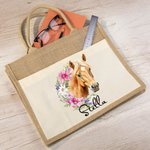 Personalizada Flor de Nacimiento Caballo Marca de Nacimiento Bolsa de Yute Reutilizable con Nombre Cumpleaños Regalo de Navidad para Mujer Amante de l