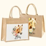 Personalizada Flor de Nacimiento Caballo Marca de Nacimiento Bolsa de Yute Reutilizable con Nombre Cumpleaños Regalo de Navidad para Mujer Amante de l