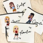 Personalized Cartoon Retro Fashion Girl Linen Wristlet Makeup Bag with Name Birthday Party Friendship Gift for Women