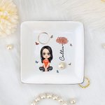 Personalized Ceramic Cartoon Character Birth Flower Square Trinket Jewelry Dish with Name Wedding Engagement Gift for Women