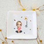 Personalized Ceramic Cartoon Character Birth Flower Square Trinket Jewelry Dish with Name Wedding Engagement Gift for Women