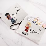 Personalized Cartoon Retro Fashion Girl Linen Wristlet Makeup Bag with Name Birthday Party Friendship Gift for Women