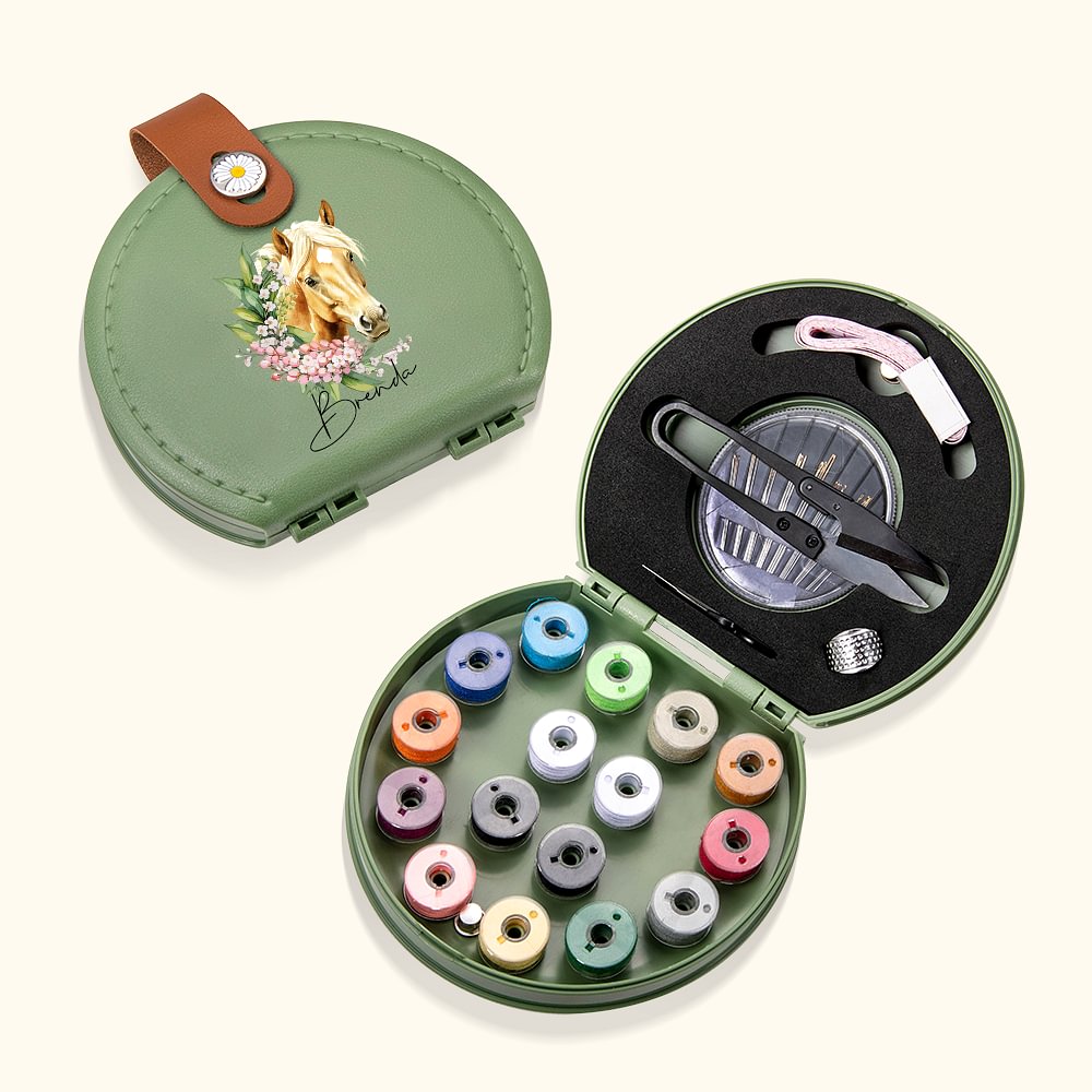 Personalizzato Fiore di nascita Cavallo Birthmark Portable DIY Sewing Tools Kit Storage Box with Name Birthday Gift for Sewing Handcraft Lovers