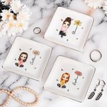Personalized Ceramic Cartoon Character Birth Flower Square Trinket Jewelry Dish with Name Wedding Engagement Gift for Women