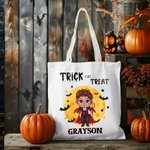 Gepersonaliseerde Cartoon Karakter Trick Or Treat Herbruikbare Canvas Draagtas met Naam Halloween Cadeau voor Jongens Meisjes