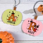 Personalised Cartoon Vampire Witch Pumpkin Boo Shape Wooden Halloween Basket Name Tag with Initial Spooky Halloween Gift for Boys Girls