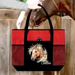 Personalised Watercolor Floral Horse Large Zippered Tote Bag with Name and Mesh Pocket Birthday Gift for Women Horse Lovers