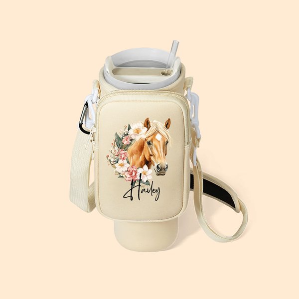 Personalized Birth Flower Horse Birthmark Name Water Bottle Carrier Bag with Pouch and Adjustable Strap for 40oz Stanley Birthday Gift for Women