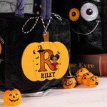 Personalised Cartoon Vampire Witch Pumpkin Boo Shape Wooden Halloween Basket Name Tag with Initial Spooky Halloween Gift for Boys Girls