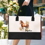 Personalized Floral Horse Large Canvas Tote Bag with Name and Waterproof Liner Birthday Gift for Women Horse Lovers