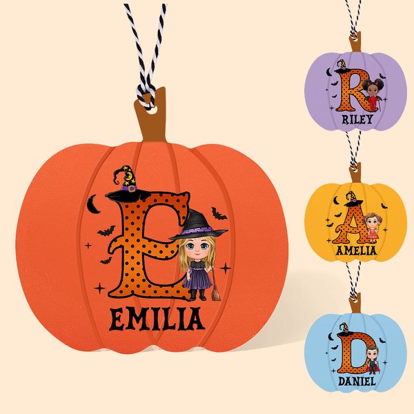 Personalised Cartoon Vampire Witch Pumpkin Boo Shape Wooden Halloween Basket Name Tag with Initial Spooky Halloween Gift for Boys Girls