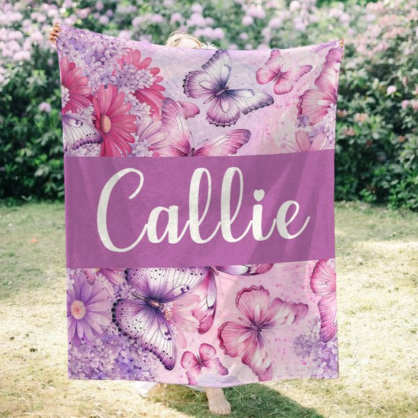 Couverture Douce Personnalisé avec Nom Motif de Papillon Floral Violet Décoration de Maison Cadeau d'Anniversaire et de Noël pour Femmes