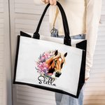 Personlig Födelseblomma Häst Födelsemärke Stor Canvas Tote Bag med namn och vattentätt fodral Födelsedagspresent för kvinnor Hästälskare