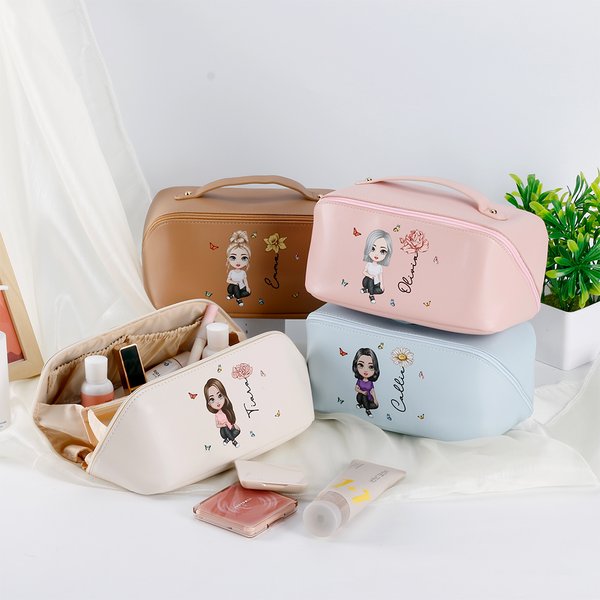 Borsa da trucco in pelle personalizzata con personaggio cartone animato fiore di nascita portatile accessori regalo di compleanno per donne e ragazze