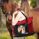 Personalised Watercolor Floral Horse Large Zippered Tote Bag with Name and Mesh Pocket Birthday Gift for Women Horse Lovers