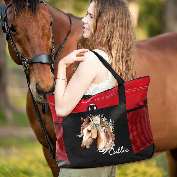 Personalized Watercolour Floral Horse Large Zippered Tote Bag with Name and Mesh Pocket Birthday Gift for Women Horse Lovers