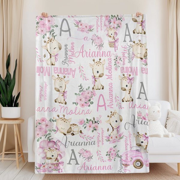 Personalised Cute Floral Giraffe Soft Throw Blanket with Initial and Name Nursery Decor Baby Shower Birthday Gift for Kids Newborns