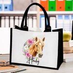 Personlig Födelseblomma Häst Födelsemärke Stor Canvas Tote Bag med namn och vattentätt fodral Födelsedagspresent för kvinnor Hästälskare