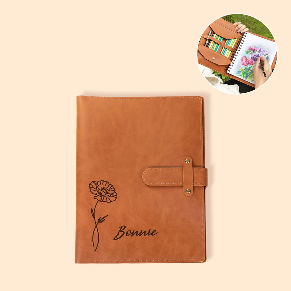 Couverture de Livre Portègelivre en Cuir Personnalisée avec Nom Gravé et Fleur de Naissance
