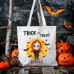Gepersonaliseerde Cartoon Karakter Trick Or Treat Herbruikbare Canvas Draagtas met Naam Halloween Cadeau voor Jongens Meisjes