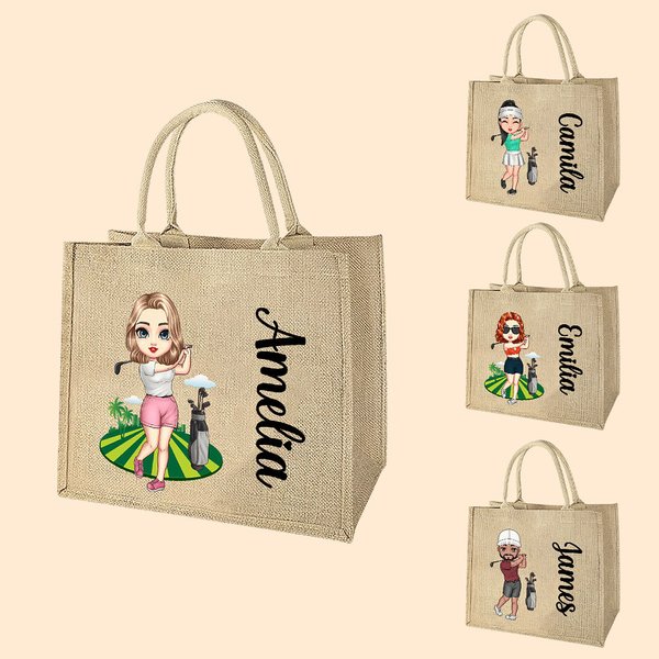 Personalisierte Cartoon Charakter Golf Thema große Jute Tragetasche mit Namen Sport Geburtstag Geschenk für Golfer Golfspieler