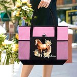 Personalised Watercolor Floral Horse Large Zippered Tote Bag with Name and Mesh Pocket Birthday Gift for Women Horse Lovers