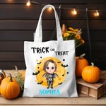Gepersonaliseerde Cartoon Karakter Trick Or Treat Herbruikbare Canvas Draagtas met Naam Halloween Cadeau voor Jongens Meisjes