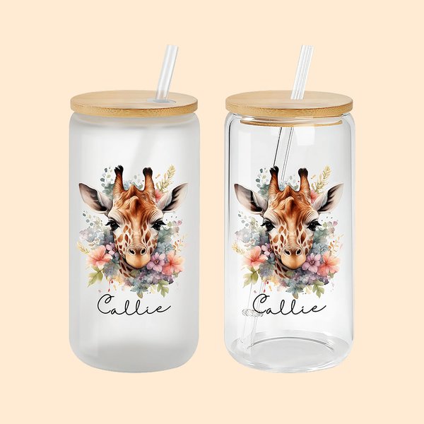Jirafa Floral Acuarela Personalizada Vaso de Vidrio con Nombre de 20oz con Tapa de Bambú y Pajita Regalo de Cumpleaños Aniversario para la Familia
