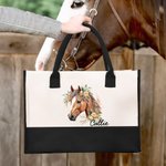 Personalized Floral Horse Large Canvas Tote Bag with Name and Waterproof Liner Birthday Gift for Women Horse Lovers
