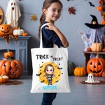 Gepersonaliseerde Cartoon Karakter Trick Or Treat Herbruikbare Canvas Draagtas met Naam Halloween Cadeau voor Jongens Meisjes
