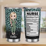 Personalized Faux Glitter Leopard Funny Nutrition Facts Cartoon 20oz Insulated Tumbler with Lid Straw Appreciation Birthday Gift for Nurse Doctor