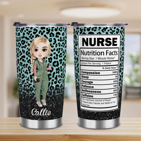 Personalized Faux Glitter Leopard Funny Nutrition Facts Cartoon 20oz Insulated Tumbler with Lid Straw Appreciation Birthday Gift for Nurse Doctor