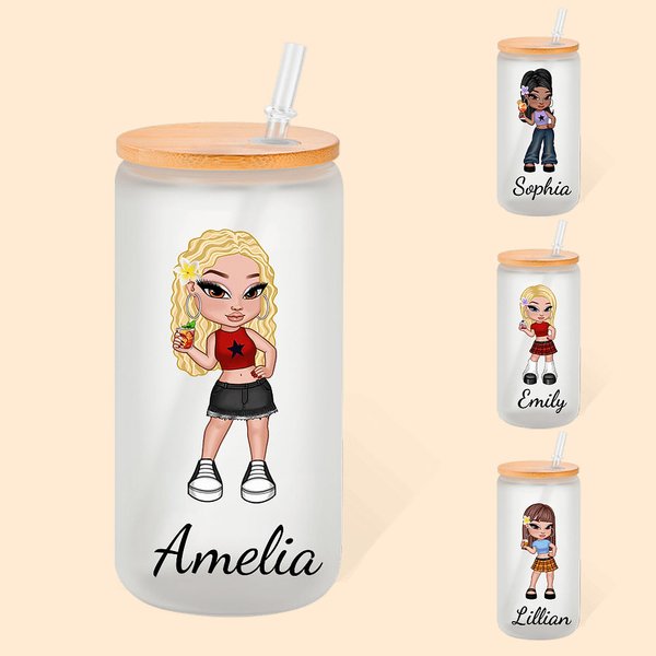 Personalisierte Cartoon Retro Mode Y2K Mädchen 20oz Name Bierdose Glas mit Bambusdeckel und Stroh Geburtstag Party Freundschaft Geschenk für Frauen